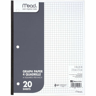 Graph Paper Tablet, 3-Hole, 8.5 x 11, Quadrille: 4 sq/in, 20 Sheets/Pad, 12 Pads/Pack