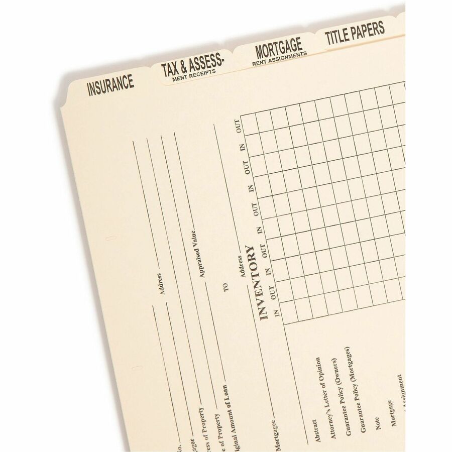 Pressboard Mortgage Folder Dividers, Pre-Printed, 1 Fastener, Legal Size, Manila, 7 Dividers/Set, 12 Sets