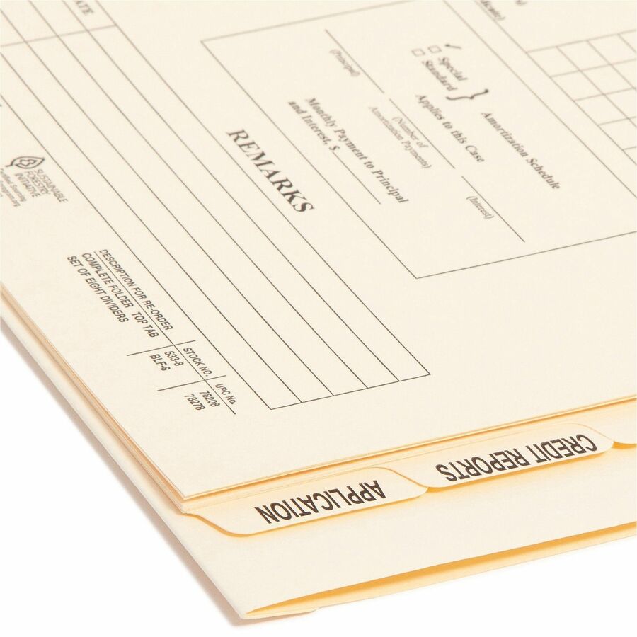 Pressboard Mortgage Folder Dividers, Pre-Printed, 1 Fastener, Legal Size, Manila, 7 Dividers/Set, 12 Sets