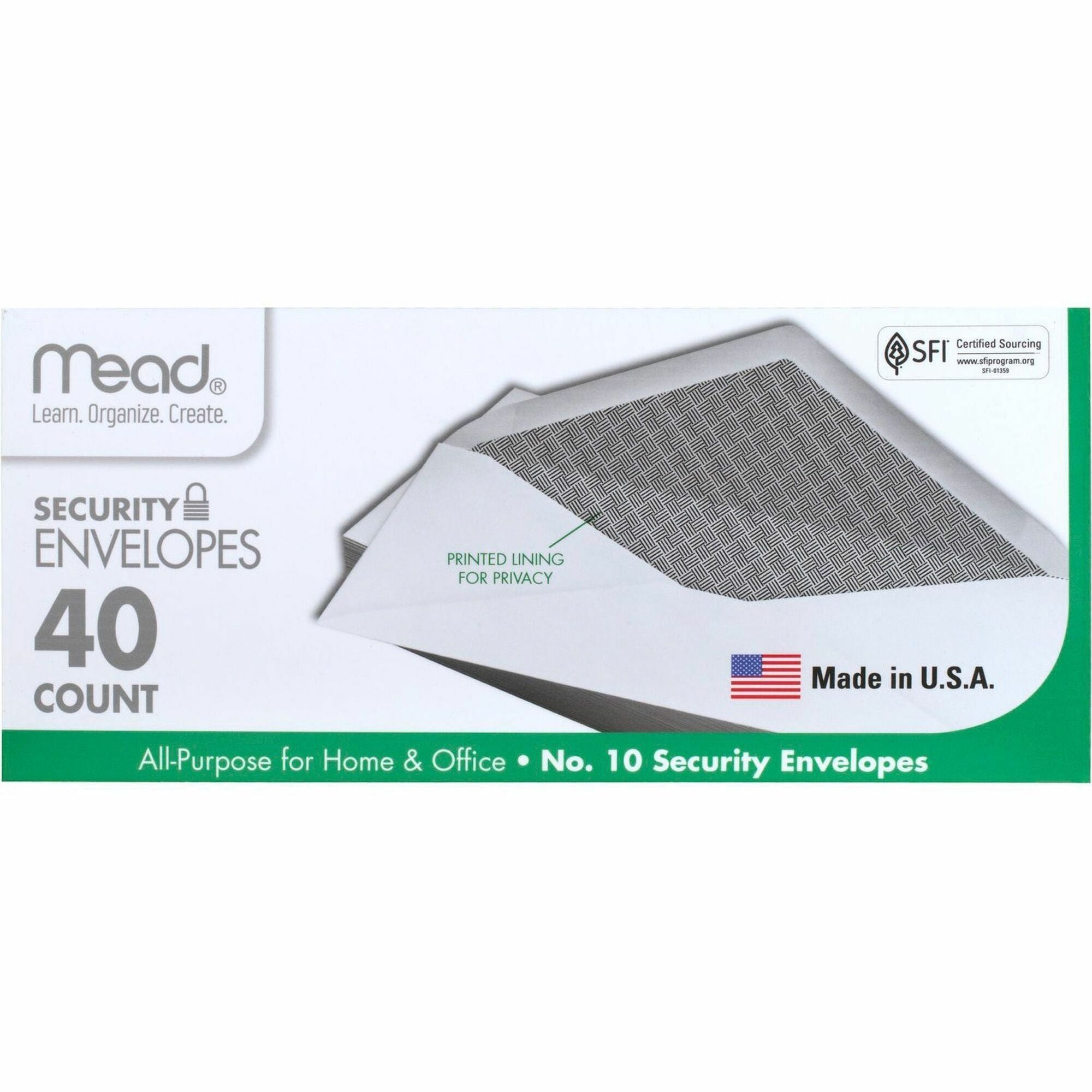 Mead No. 10 Security Envelopes - Business - #10 - 9 1/2" Width x 4 1/8" Length - 20 lb - Gummed - Wove - 40 / Box - White