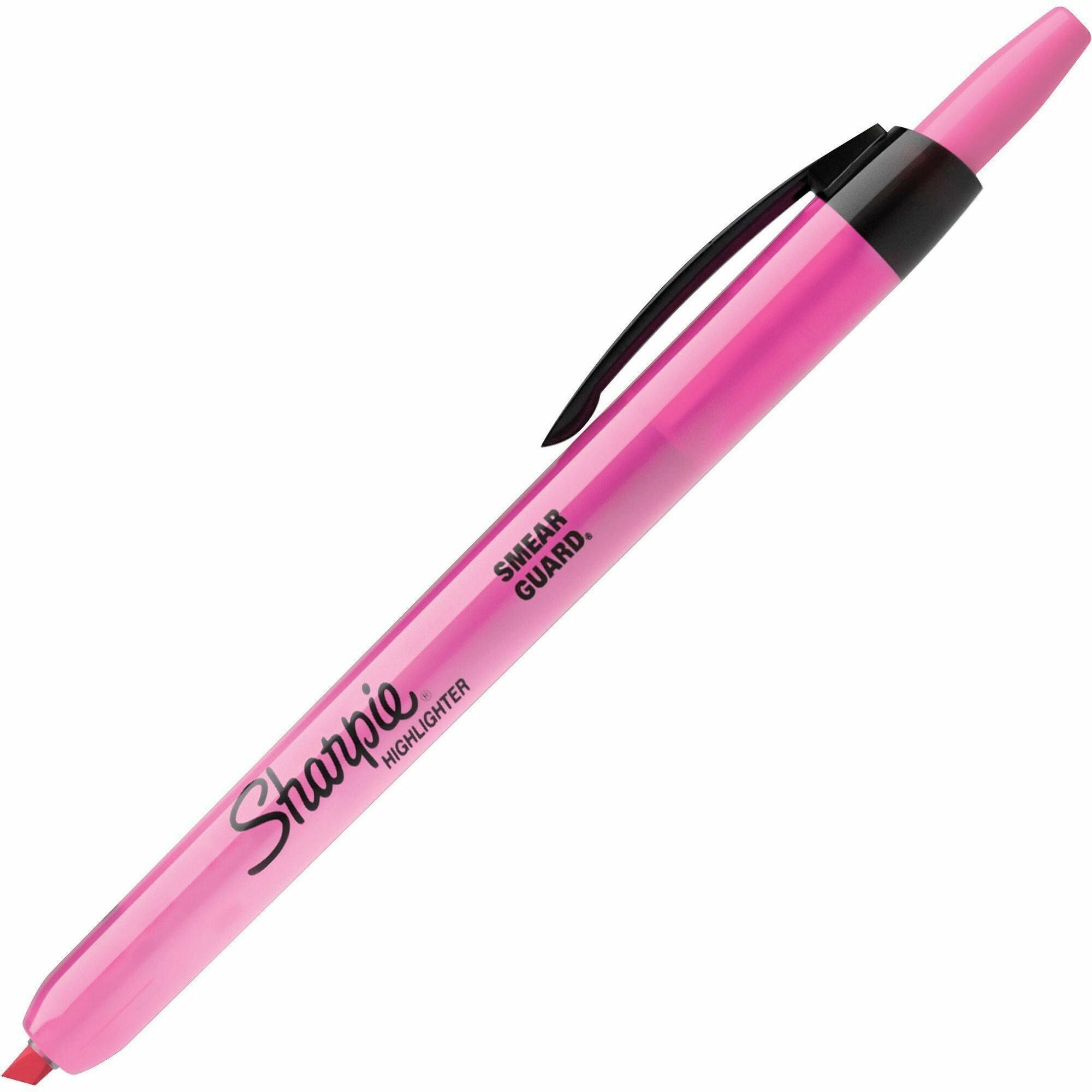 Retractable Highlighters, Fluorescent Pink Ink, Chisel Tip, Pink/Black Barrel, Dozen