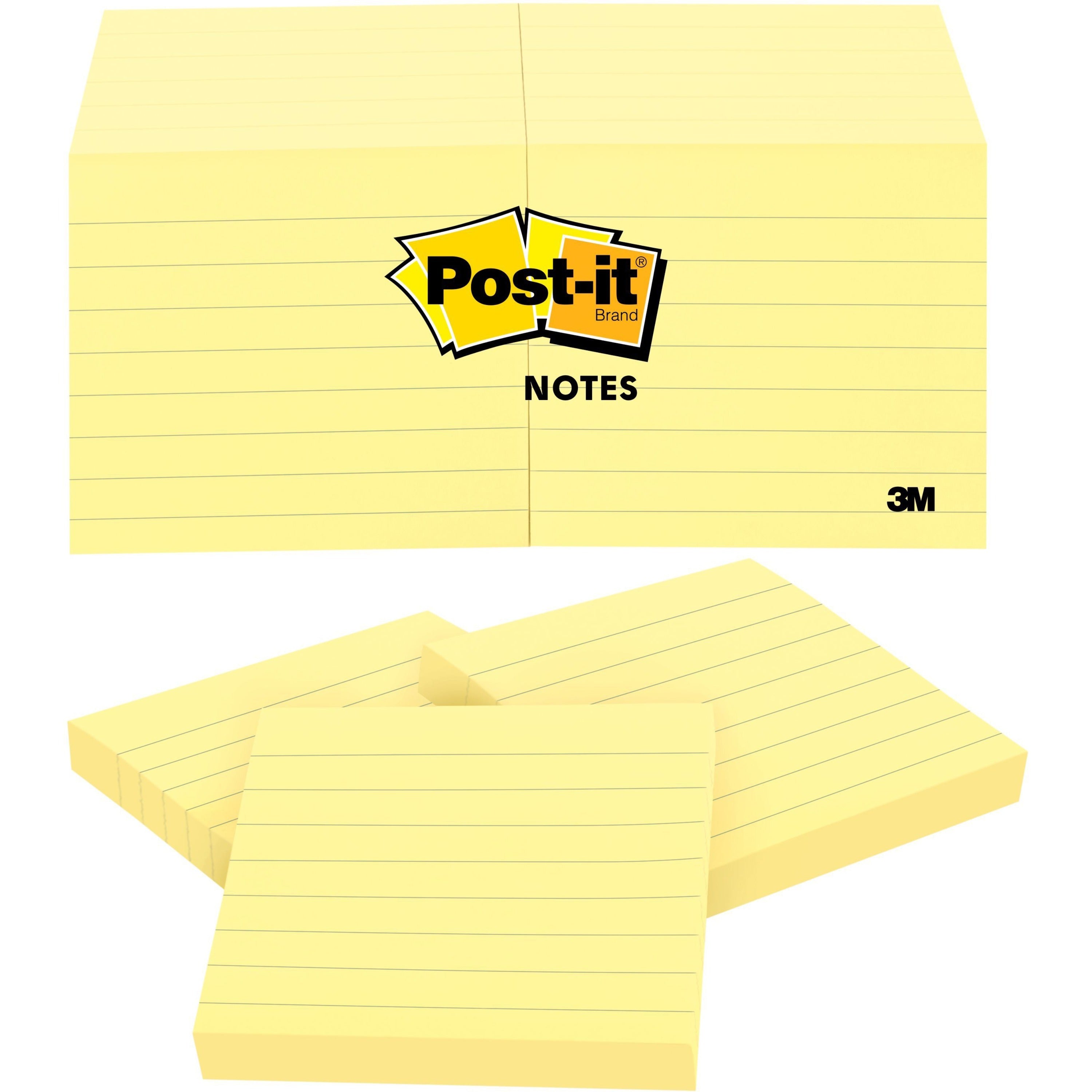 Post-it Notes Original Lined Notepads - 1200 - 3" x 3" - Square - 100 Sheets per Pad - Ruled - Yellow - Paper - Removable - 12 / Pack - 