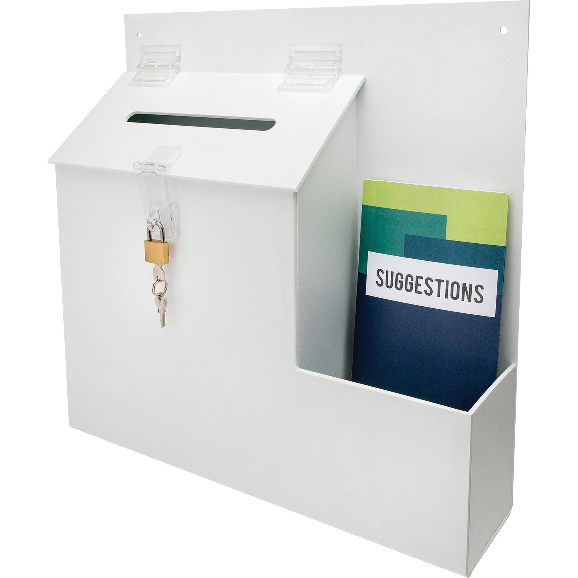 Suggestion Box Literature Holder with Locking Top, 13.75 x 3.63 x 13.94, Plastic, White, Ships in 4-6 Business Days