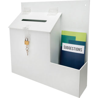 Suggestion Box Literature Holder with Locking Top, 13.75 x 3.63 x 13.94, Plastic, White, Ships in 4-6 Business Days
