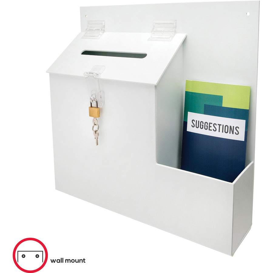 Suggestion Box Literature Holder with Locking Top, 13.75 x 3.63 x 13.94, Plastic, White, Ships in 4-6 Business Days