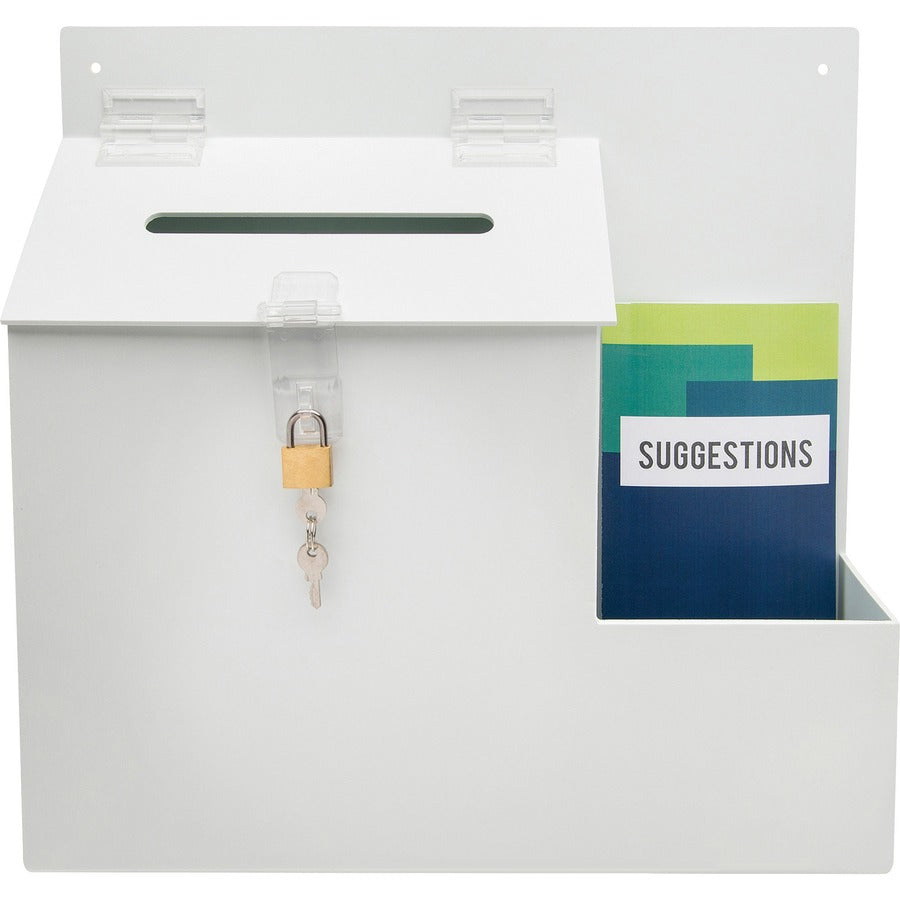 Suggestion Box Literature Holder with Locking Top, 13.75 x 3.63 x 13.94, Plastic, White, Ships in 4-6 Business Days
