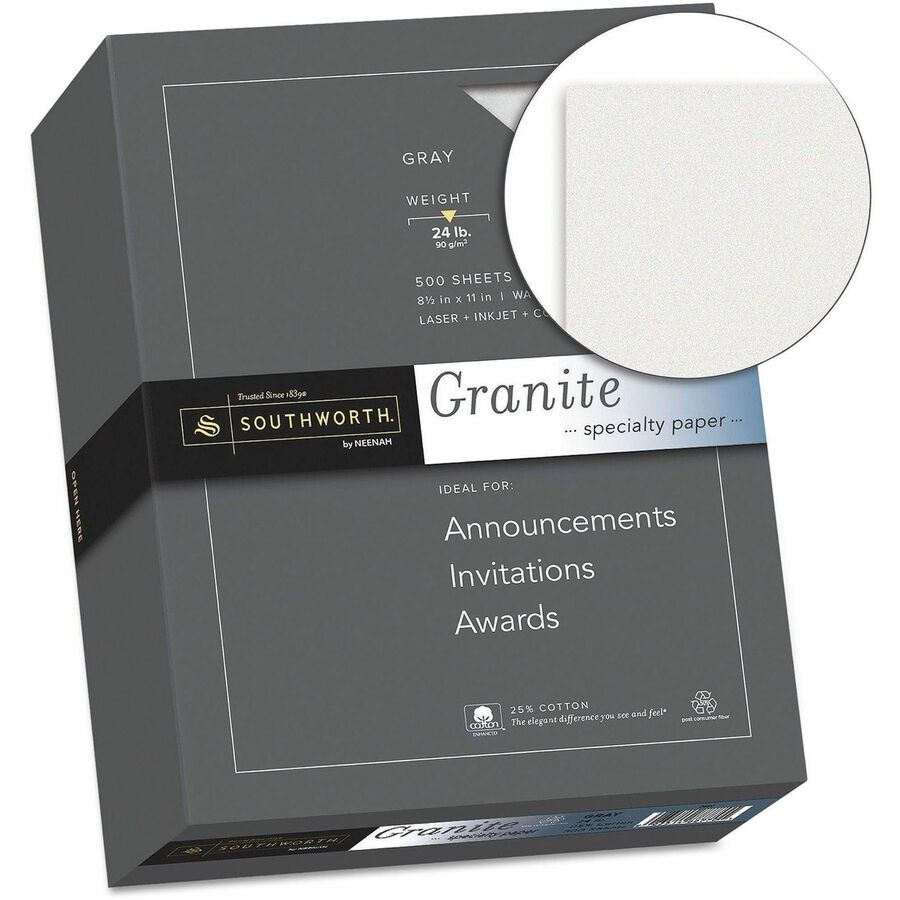 Granite Specialty Paper, 24 lb Bond Weight, 8.5 x 11, Gray, 500/Ream