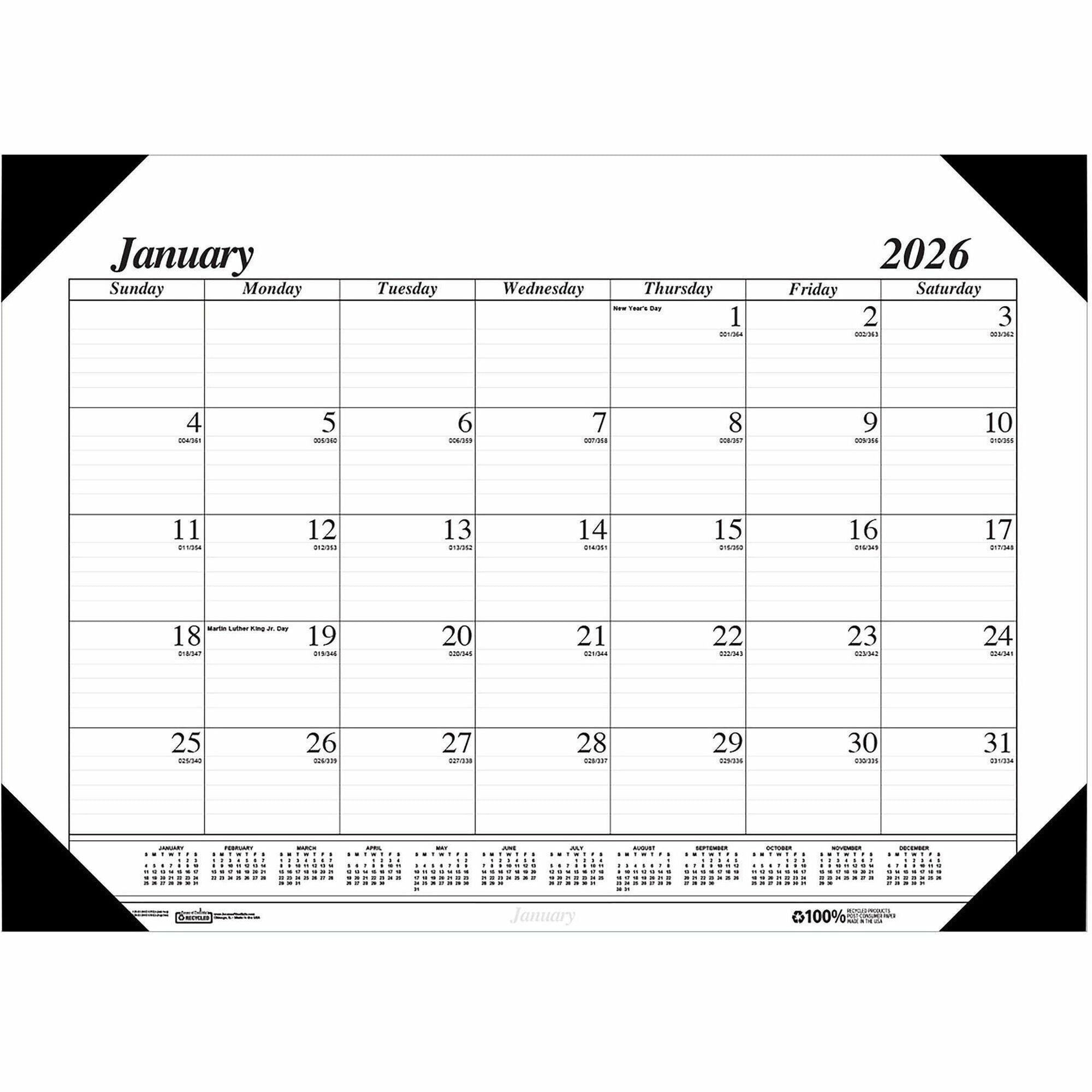 Recycled One-Color Dated Monthly Desk Pad Calendar, 18.5 x 13, White Sheets, Black Binding/Corners,12-Month (Jan-Dec): 2024