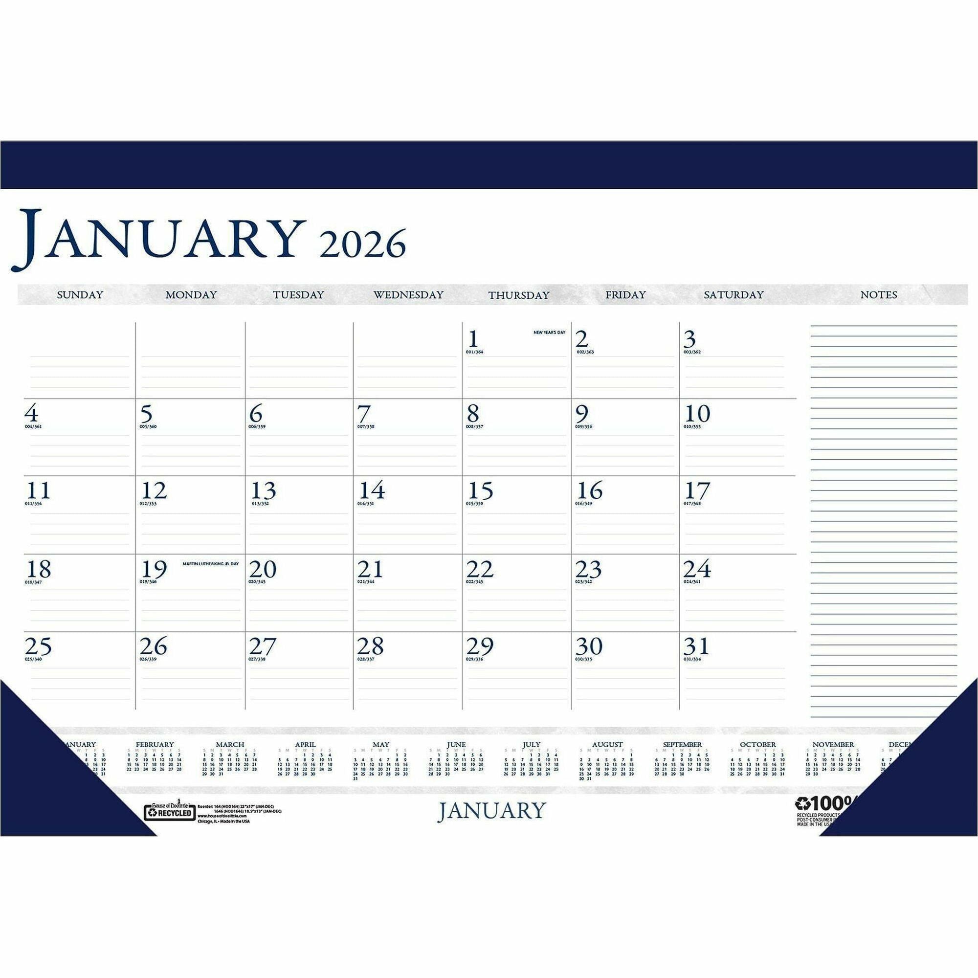 Recycled Two-Color Monthly Desk Pad Calendar with Notes Section, 22 x 17, Blue Binding/Corners, 12-Month (Jan-Dec): 2024