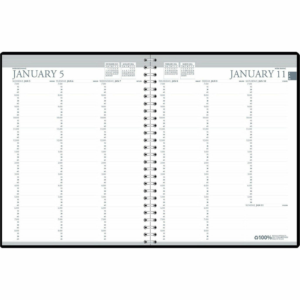 Recycled Professional Weekly Planner, 15-Minute Appts, 11 x 8.5, Black Wirebound Soft Cover, 12-Month (Jan to Dec): 2024