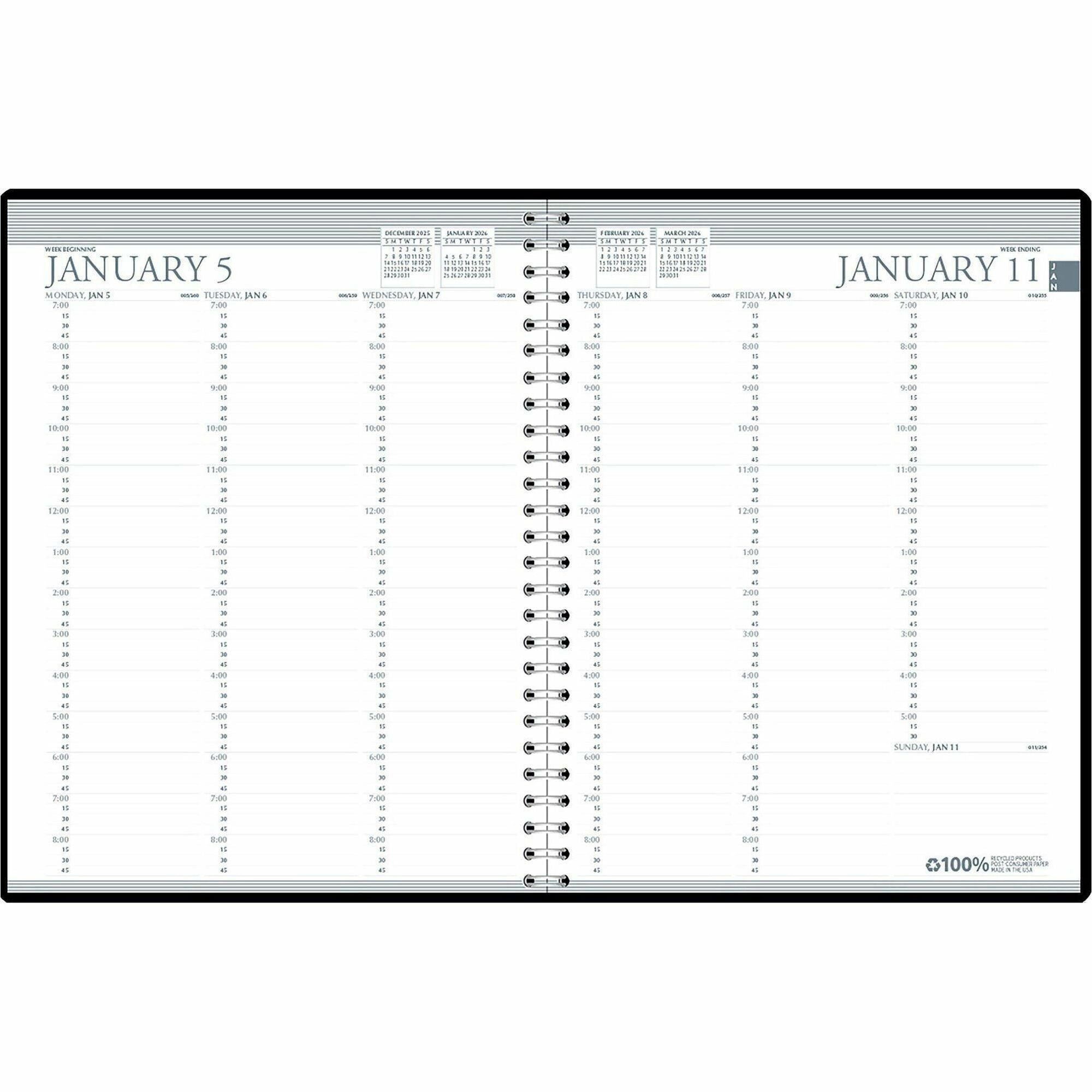 Recycled Professional Weekly Planner, 15-Minute Appts, 11 x 8.5, Black Wirebound Soft Cover, 12-Month (Jan to Dec): 2024