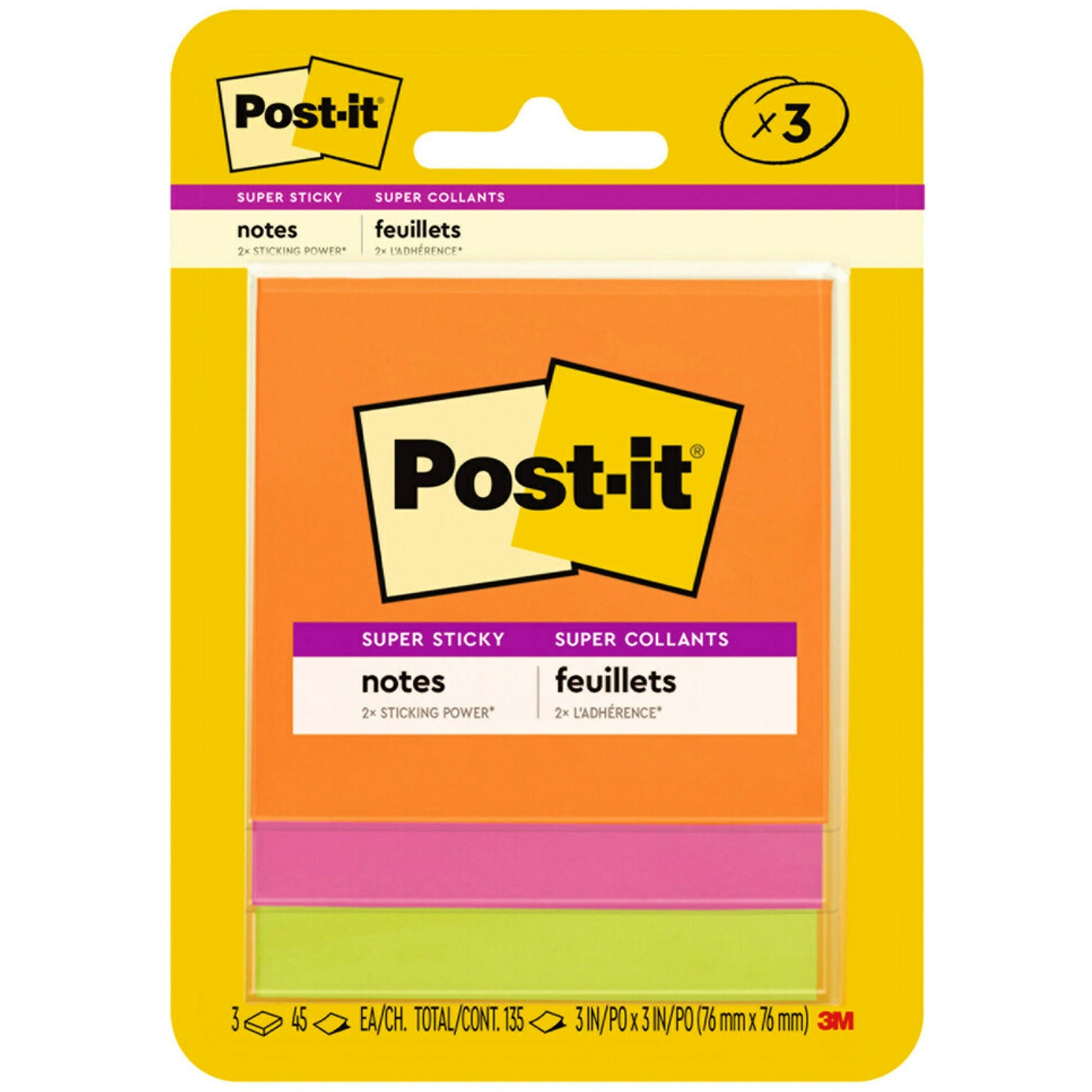 Post-it Super Sticky Note Pads - Energy Boost Color Collection - 135 - 3" x 3" - Square - 45 Sheets per Pad - Unruled - Vital Orange, Tropical Pink, Limeade - Paper - Self-adhesive - 3 / Pack - 