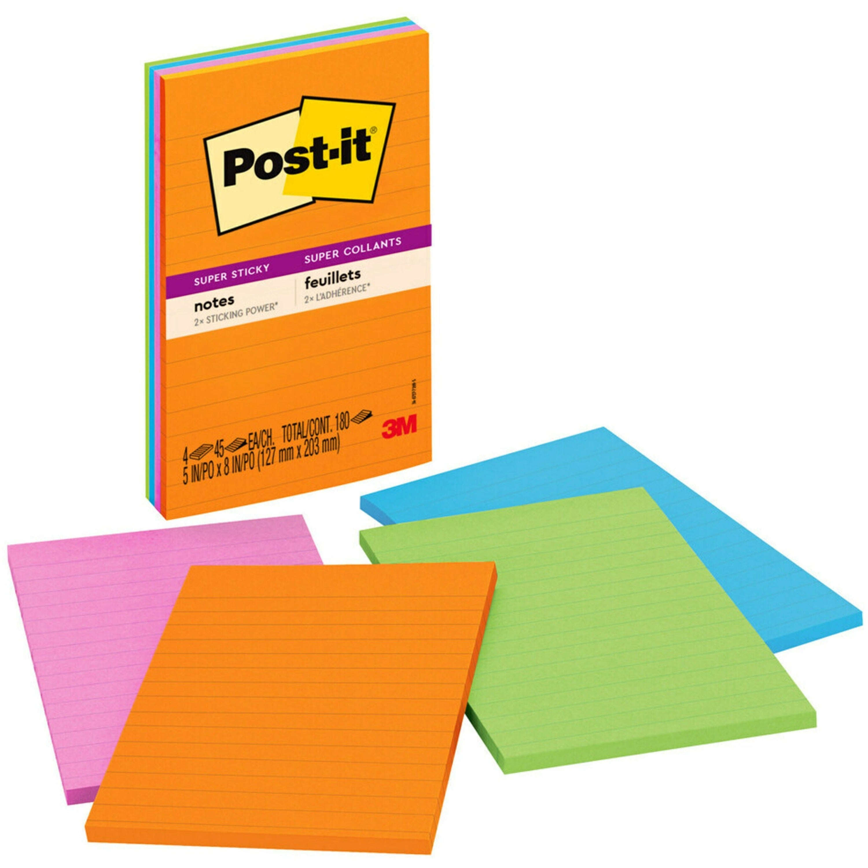 Post-it Super Sticky Notes - Energy Boost Color Collection - 180 - 4" x 6" - Rectangle - 45 Sheets per Pad - Ruled - Vital Orange, Tropical Pink, Blue Paradise, Limeade - Paper - Self-adhesive, Repositionable - 4 / Pack - 