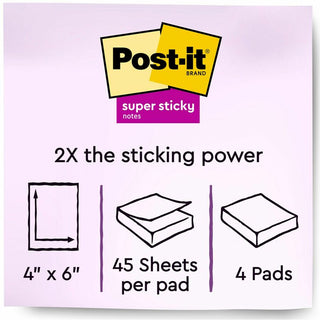 Post-it Super Sticky Notes - Energy Boost Color Collection - 180 - 4" x 6" - Rectangle - 45 Sheets per Pad - Ruled - Vital Orange, Tropical Pink, Blue Paradise, Limeade - Paper - Self-adhesive, Repositionable - 4 / Pack