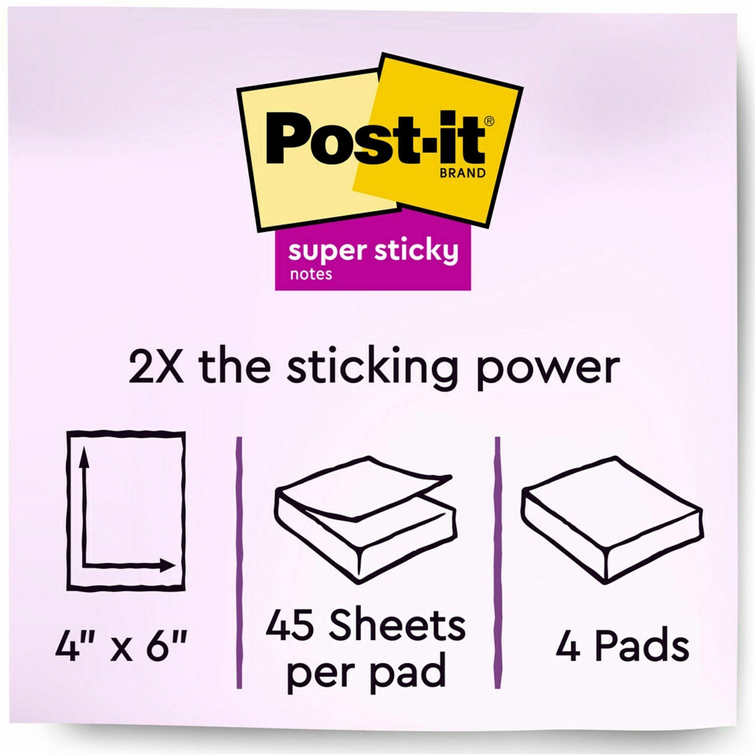 Post-it Super Sticky Notes - Energy Boost Color Collection - 180 - 4" x 6" - Rectangle - 45 Sheets per Pad - Ruled - Vital Orange, Tropical Pink, Blue Paradise, Limeade - Paper - Self-adhesive, Repositionable - 4 / Pack - 