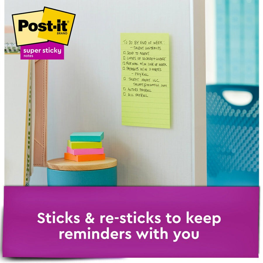 Post-it Super Sticky Notes - Energy Boost Color Collection - 180 - 4" x 6" - Rectangle - 45 Sheets per Pad - Ruled - Vital Orange, Tropical Pink, Blue Paradise, Limeade - Paper - Self-adhesive, Repositionable - 4 / Pack
