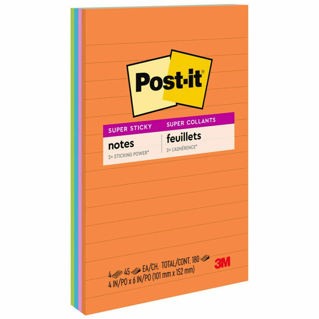 Post-it Super Sticky Notes - Energy Boost Color Collection - 180 - 4" x 6" - Rectangle - 45 Sheets per Pad - Ruled - Vital Orange, Tropical Pink, Blue Paradise, Limeade - Paper - Self-adhesive, Repositionable - 4 / Pack