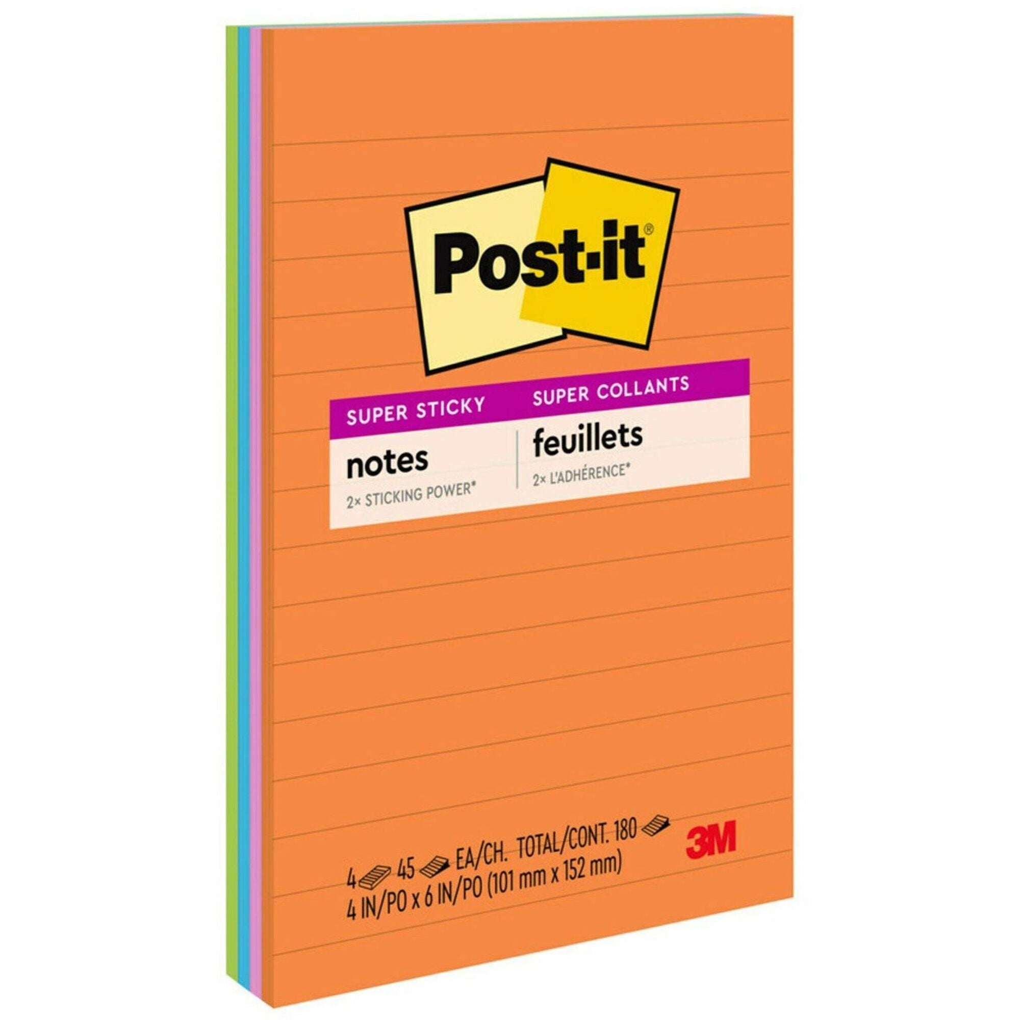 Post-it Super Sticky Notes - Energy Boost Color Collection - 180 - 4" x 6" - Rectangle - 45 Sheets per Pad - Ruled - Vital Orange, Tropical Pink, Blue Paradise, Limeade - Paper - Self-adhesive, Repositionable - 4 / Pack