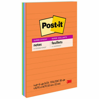 Post-it Super Sticky Notes - Energy Boost Color Collection - 180 - 4" x 6" - Rectangle - 45 Sheets per Pad - Ruled - Vital Orange, Tropical Pink, Blue Paradise, Limeade - Paper - Self-adhesive, Repositionable - 4 / Pack