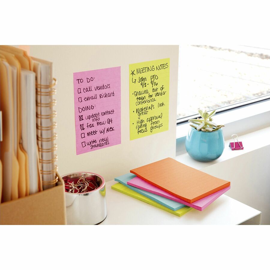 Post-it Super Sticky Notes - Energy Boost Color Collection - 180 - 4" x 6" - Rectangle - 45 Sheets per Pad - Ruled - Vital Orange, Tropical Pink, Blue Paradise, Limeade - Paper - Self-adhesive, Repositionable - 4 / Pack