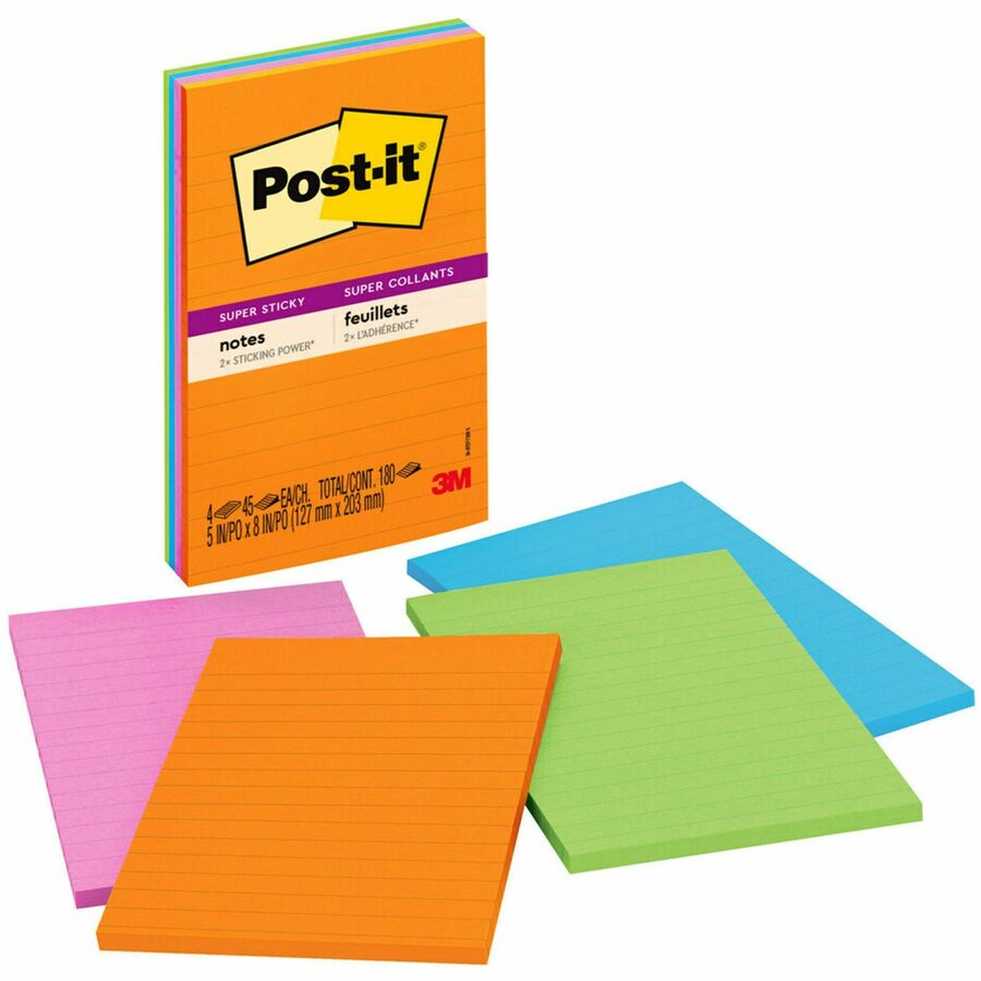 Post-it Super Sticky Notes - Energy Boost Color Collection - 180 - 4" x 6" - Rectangle - 45 Sheets per Pad - Ruled - Vital Orange, Tropical Pink, Blue Paradise, Limeade - Paper - Self-adhesive, Repositionable - 4 / Pack
