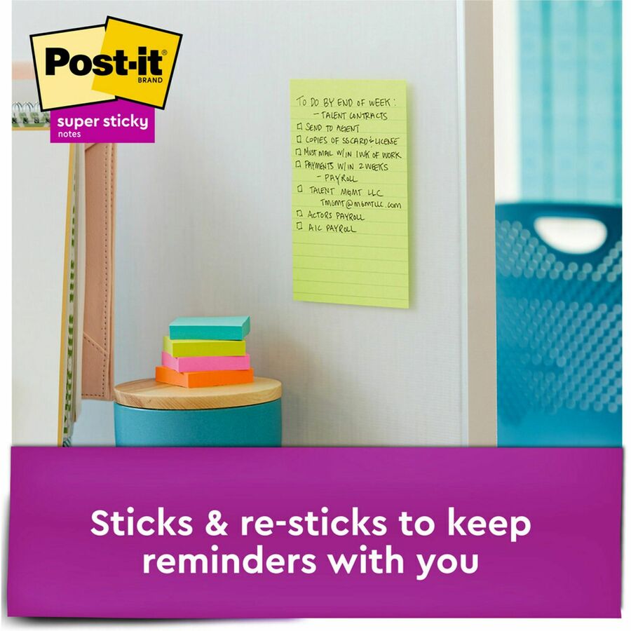 Post-it Super Sticky Notes - Energy Boost Color Collection - 180 - 4" x 6" - Rectangle - 45 Sheets per Pad - Ruled - Vital Orange, Tropical Pink, Blue Paradise, Limeade - Paper - Self-adhesive, Repositionable - 4 / Pack