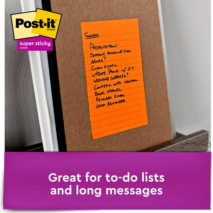 Post-it Super Sticky Notes - Energy Boost Color Collection - 180 - 4" x 6" - Rectangle - 45 Sheets per Pad - Ruled - Vital Orange, Tropical Pink, Blue Paradise, Limeade - Paper - Self-adhesive, Repositionable - 4 / Pack