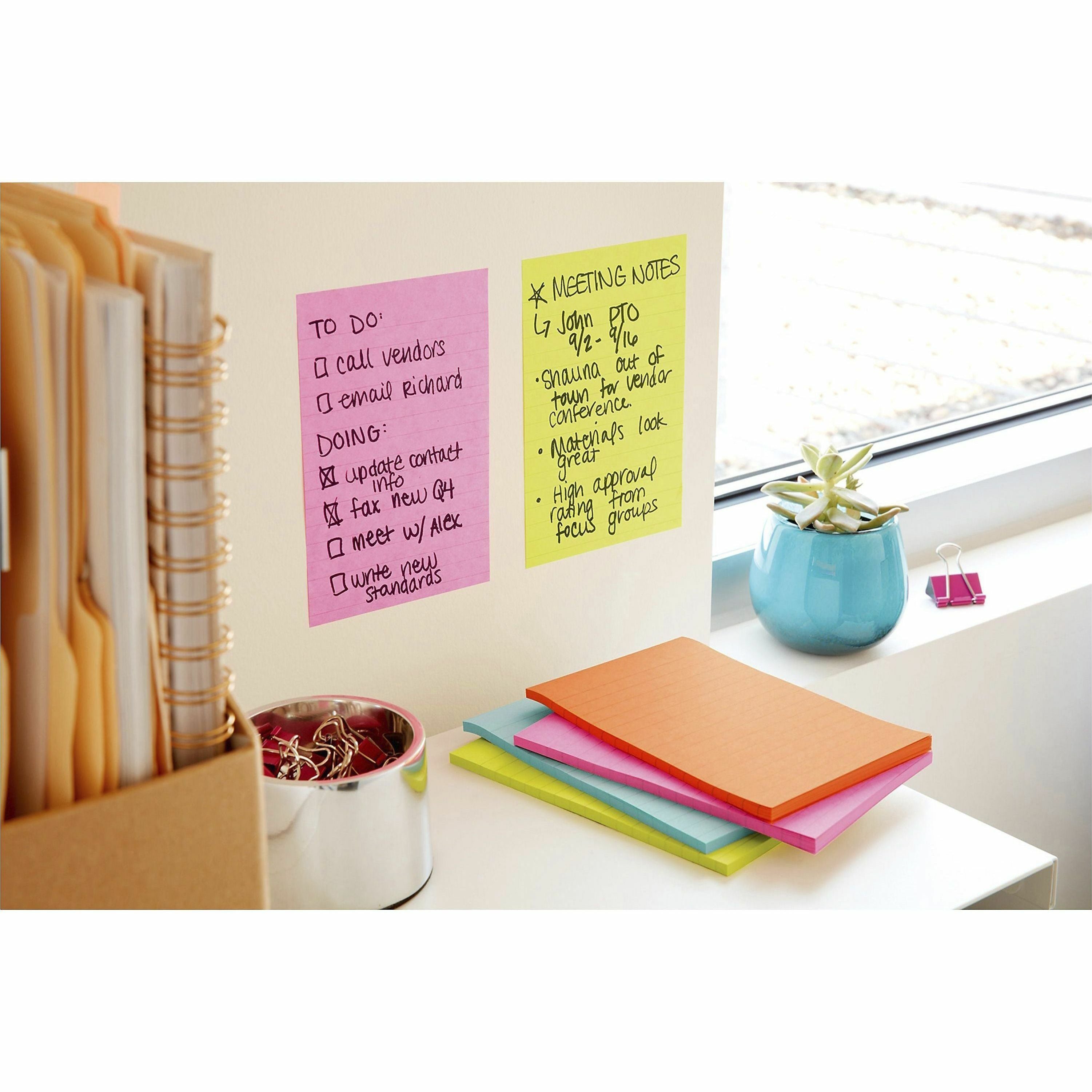 Post-it Super Sticky Notes - Energy Boost Color Collection - 180 - 4" x 6" - Rectangle - 45 Sheets per Pad - Ruled - Vital Orange, Tropical Pink, Blue Paradise, Limeade - Paper - Self-adhesive, Repositionable - 4 / Pack - 