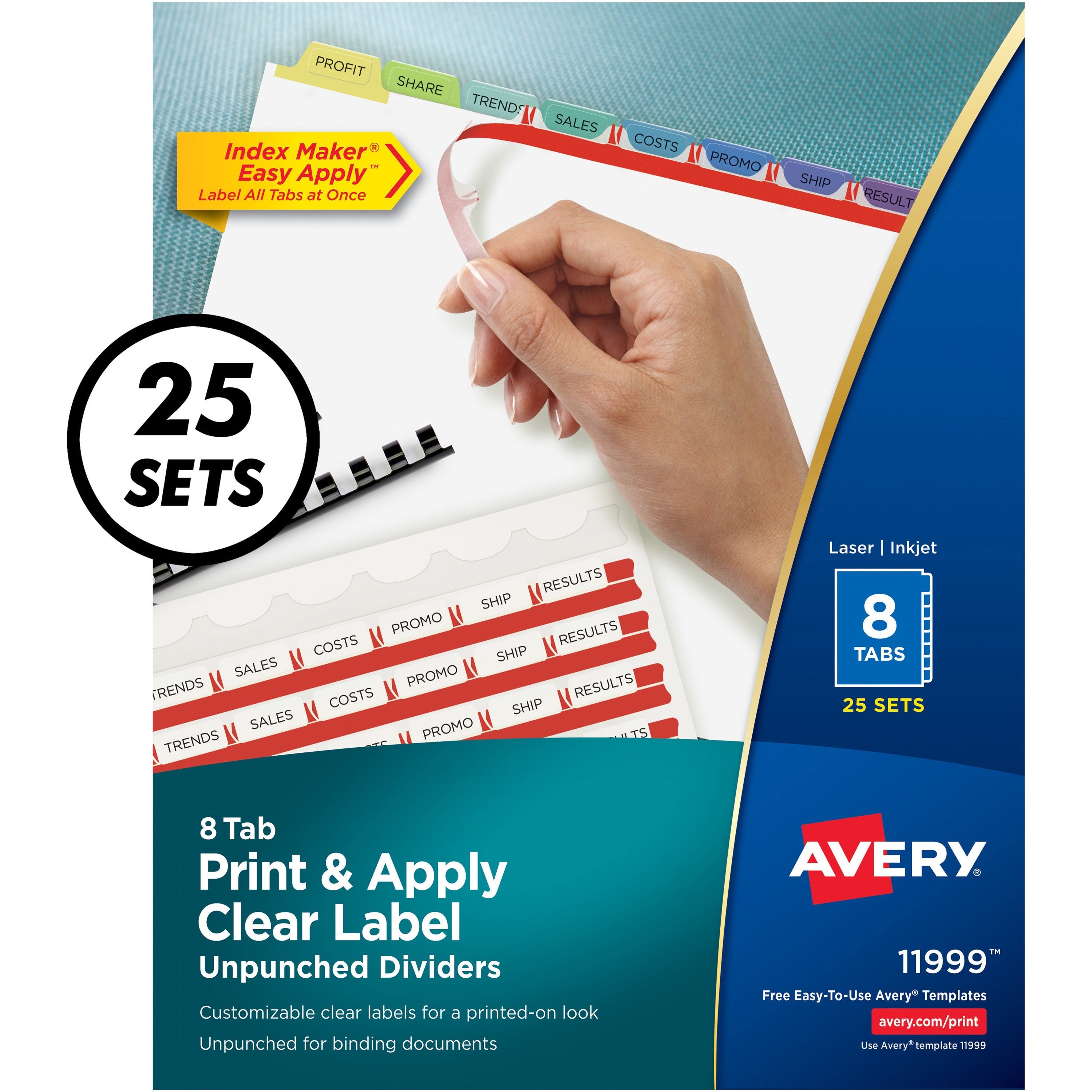 Avery Index Maker Index Divider - 200 x Divider(s) - Print-on Tab(s) - 8 - 8 Tab(s)/Set - 8.5" Divider Width x 11" Divider Length - White Paper Divider - Multicolor Paper Tab(s) - 25 / Box - 