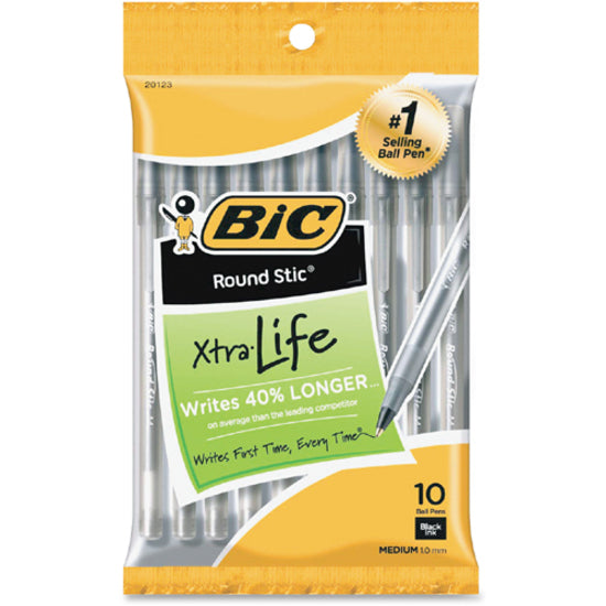 BIC Round Stic Ballpoint Pens - Medium Pen Point - Black - 10 / Pack - 