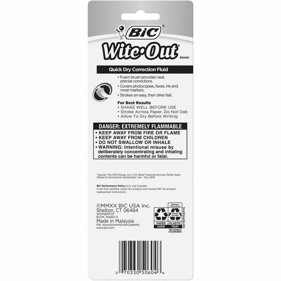 BIC Quick Dry Correction Fluid, White, 1 Pack - Foam Brush Applicator - 20 mL - White - Quick Drying, Spill Resistant - 1 / Pack
