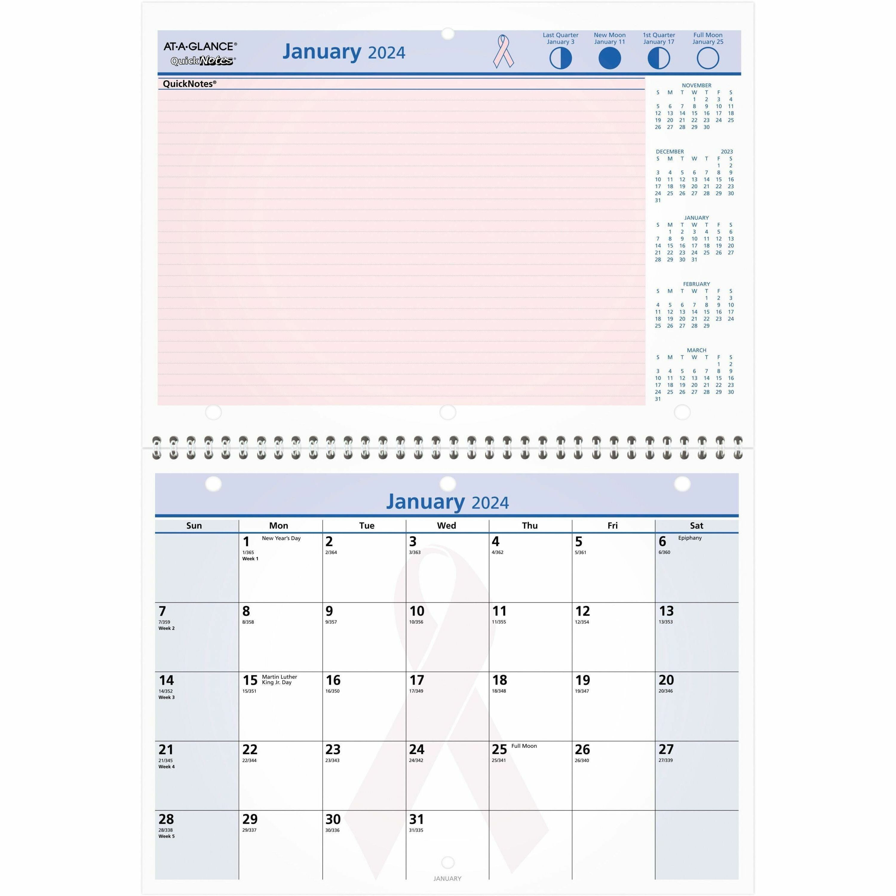 At-A-Glance QuickNotes City of Hope Wall Calendar - Small Size - Julian Dates - Monthly - 12 Month - January 2024 - December 2024 - 1 Month Single Page Layout - 11" x 8" White Sheet - 1.25" x 1.25" Block - Wire Bound - Desktop - Paper - Notepad, Prin - 