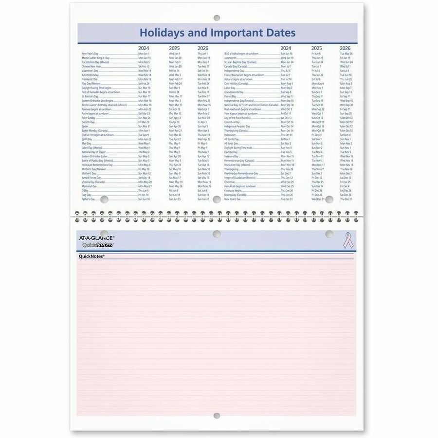 At-A-Glance QuickNotes City of Hope Wall Calendar - Small Size - Julian Dates - Monthly - 12 Month - January 2024 - December 2024 - 1 Month Single Page Layout - 11" x 8" White Sheet - 1.25" x 1.25" Block - Wire Bound - Desktop - Paper - Notepad, Prin - 5