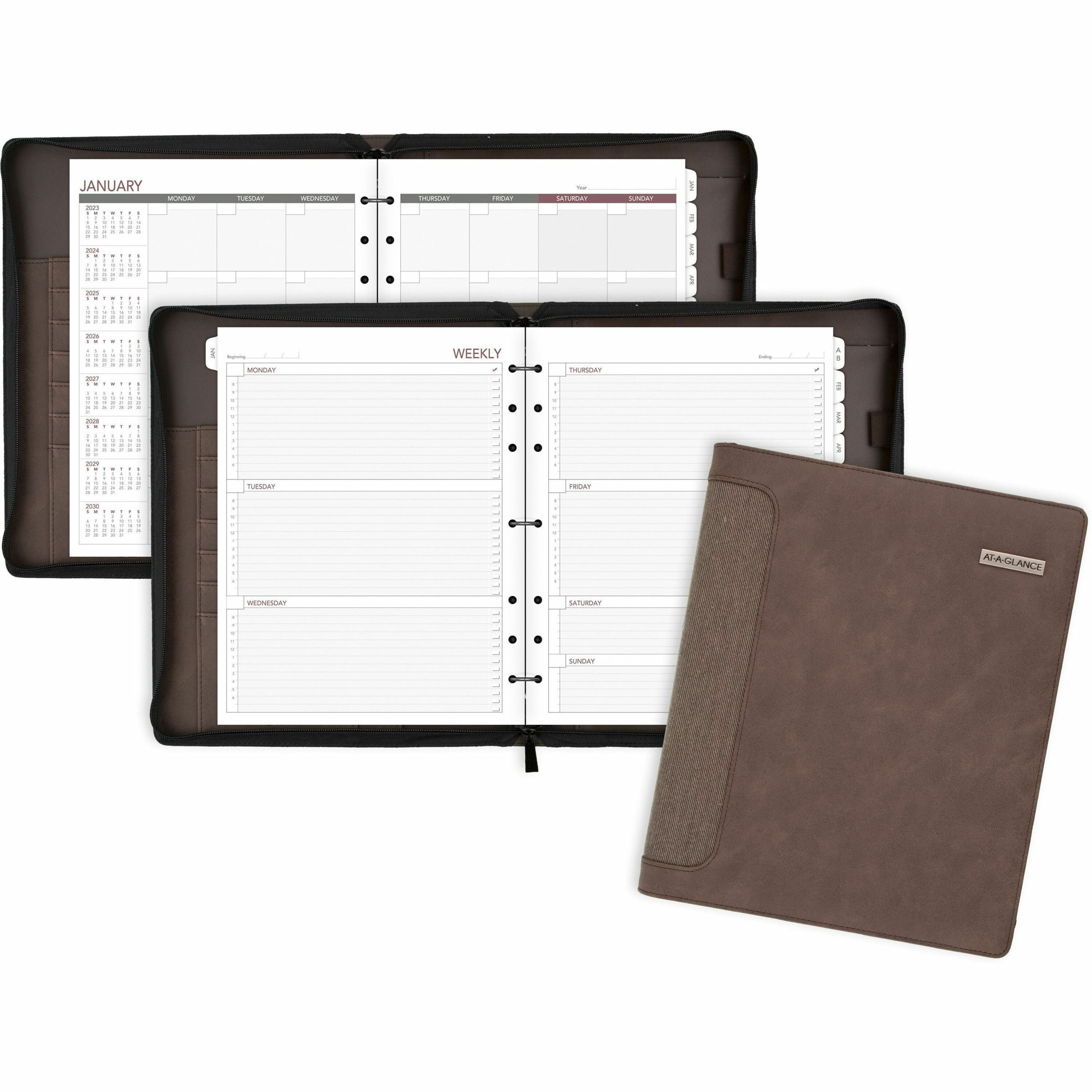 Day Runner Harrison Day Planner - 1 Year - 8 1/2" x 11" Sheet Size - 3-ring - Zippered Closure - Brown - Card Slot, Business Card Holder, Pen Loop, Pocket, Notepad, Phone Directory, Pouch - 1 Each