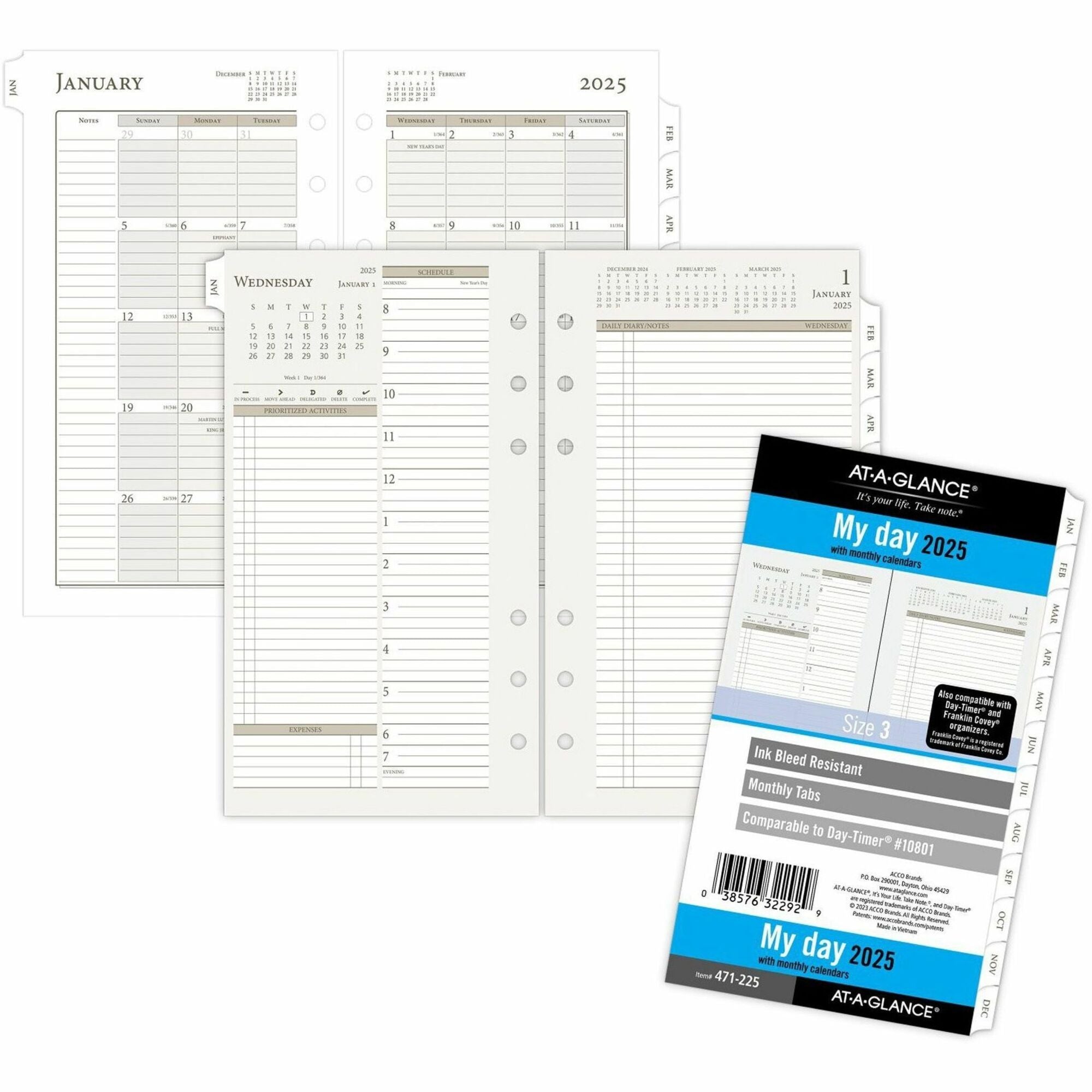 At-A-Glance 2024 Daily Monthly Planner Two Page Per Day Refill, Loose-Leaf, Portable Size - Julian Dates - Daily, Monthly - 1 Year - January 2024 - December 2024 - Hourly - 1 Day Double Page Layout - 3 3/4" x 6 3/4" White Sheet - 6-ring - White, Crea