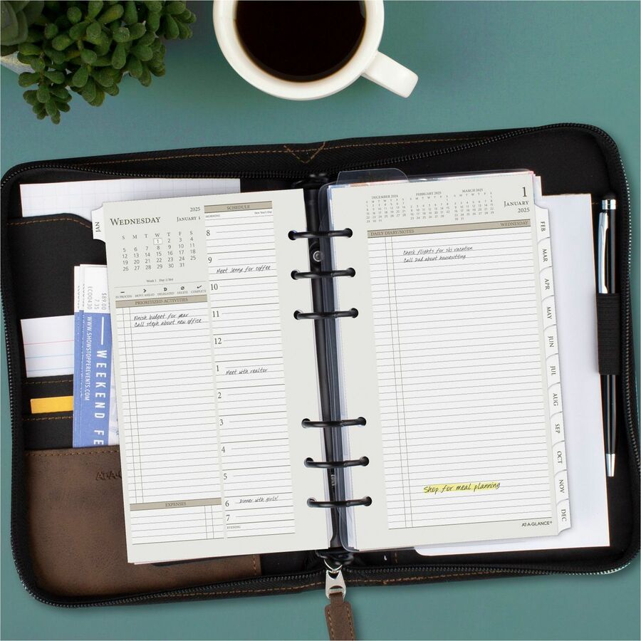 At-A-Glance 2024 Daily Monthly Planner Two Page Per Day Refill, Loose-Leaf, Portable Size - Julian Dates - Daily, Monthly - 1 Year - January 2024 - December 2024 - Hourly - 1 Day Double Page Layout - 3 3/4" x 6 3/4" White Sheet - 6-ring - White, Crea