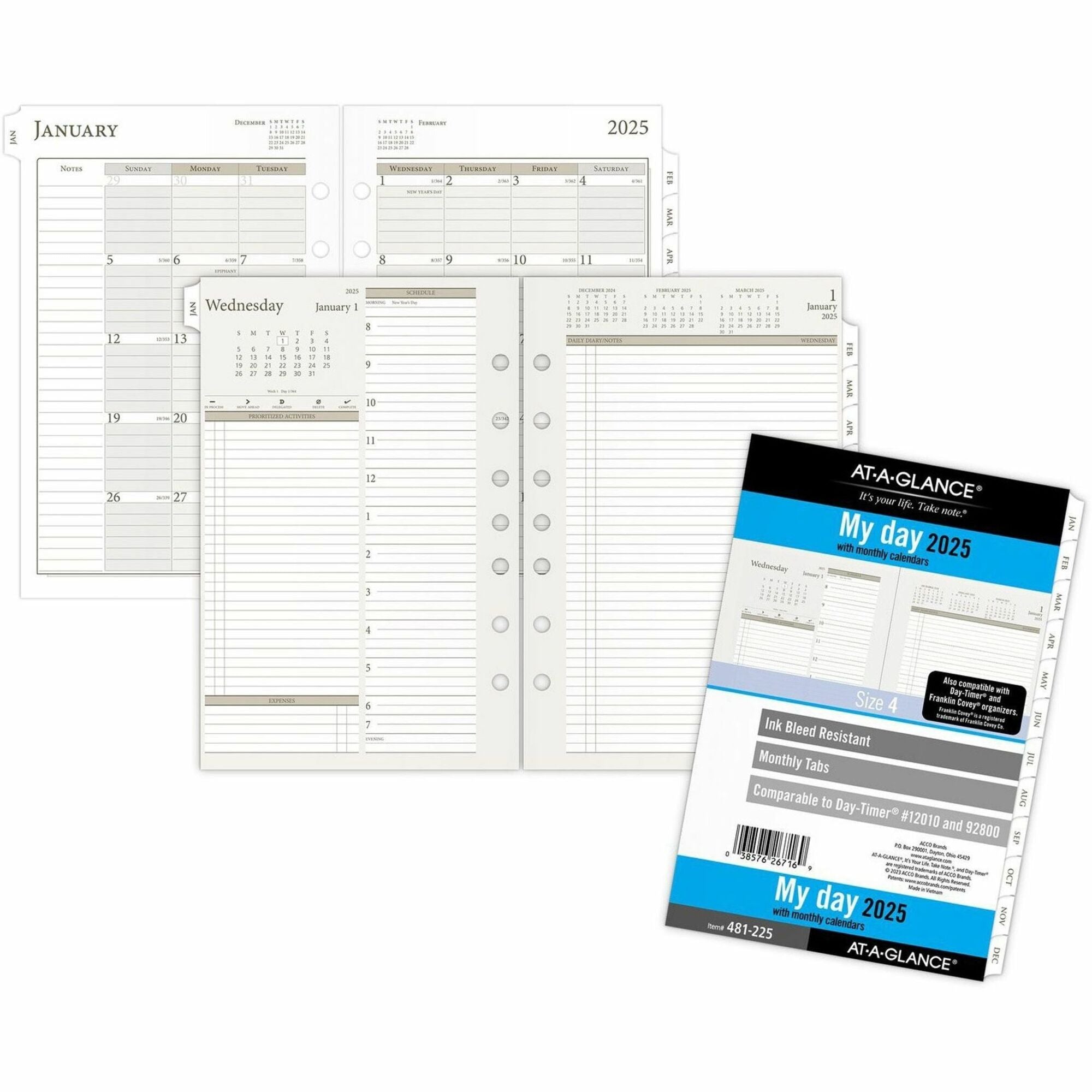 Day Runner Daily Planner Refill - Julian Dates - Daily - 1 Year - January 2024 - December 2024 - 8:00 AM to 5:00 PM - Quarter-hourly, 6:00 AM to 7:00 PM - Half-hourly - 1 Day Double Page Layout - 5 1/2" x 8 1/2" Sheet Size - White - Paper - Tabbed, E