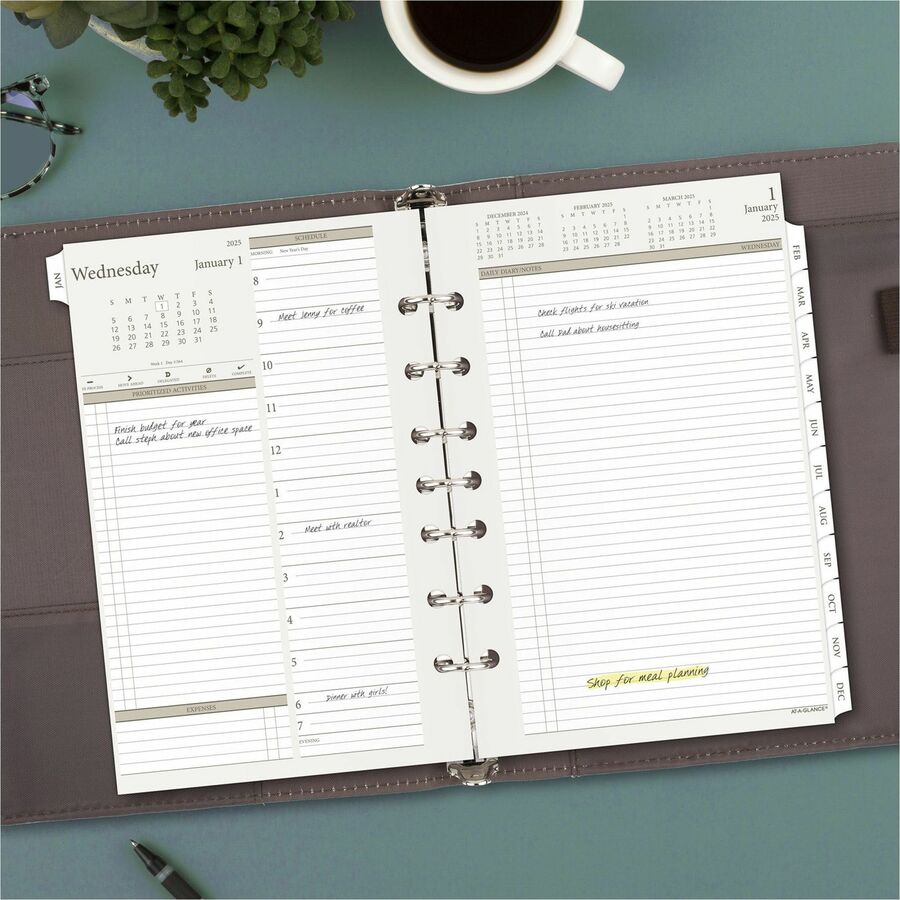 Day Runner Daily Planner Refill - Julian Dates - Daily - 1 Year - January 2024 - December 2024 - 8:00 AM to 5:00 PM - Quarter-hourly, 6:00 AM to 7:00 PM - Half-hourly - 1 Day Double Page Layout - 5 1/2" x 8 1/2" Sheet Size - White - Paper - Tabbed, E