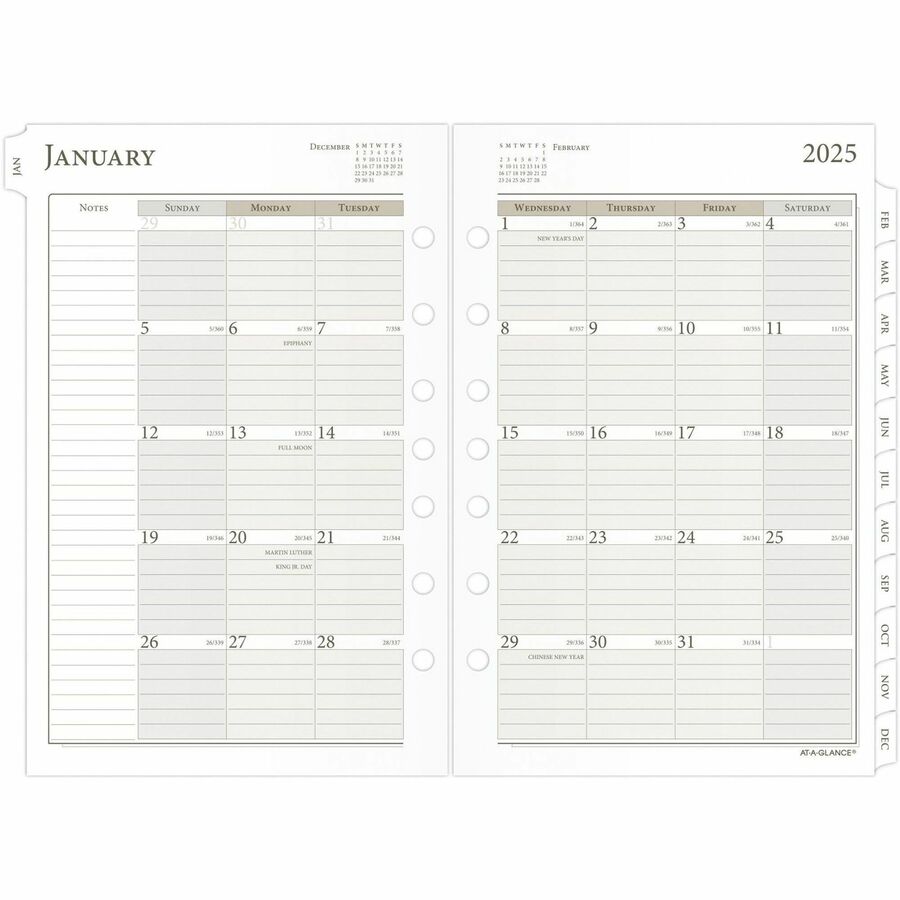 Day Runner Daily Planner Refill - Julian Dates - Daily - 1 Year - January 2024 - December 2024 - 8:00 AM to 5:00 PM - Quarter-hourly, 6:00 AM to 7:00 PM - Half-hourly - 1 Day Double Page Layout - 5 1/2" x 8 1/2" Sheet Size - White - Paper - Tabbed, E