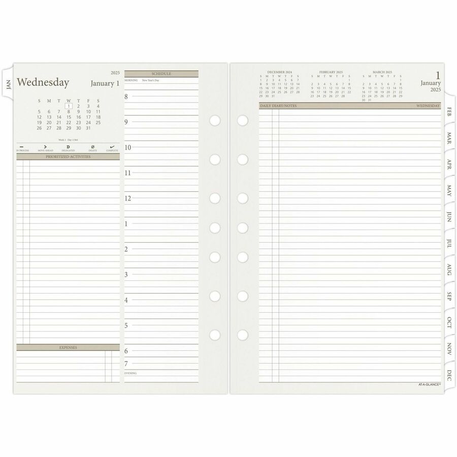 Day Runner Daily Planner Refill - Julian Dates - Daily - 1 Year - January 2024 - December 2024 - 8:00 AM to 5:00 PM - Quarter-hourly, 6:00 AM to 7:00 PM - Half-hourly - 1 Day Double Page Layout - 5 1/2" x 8 1/2" Sheet Size - White - Paper - Tabbed, E