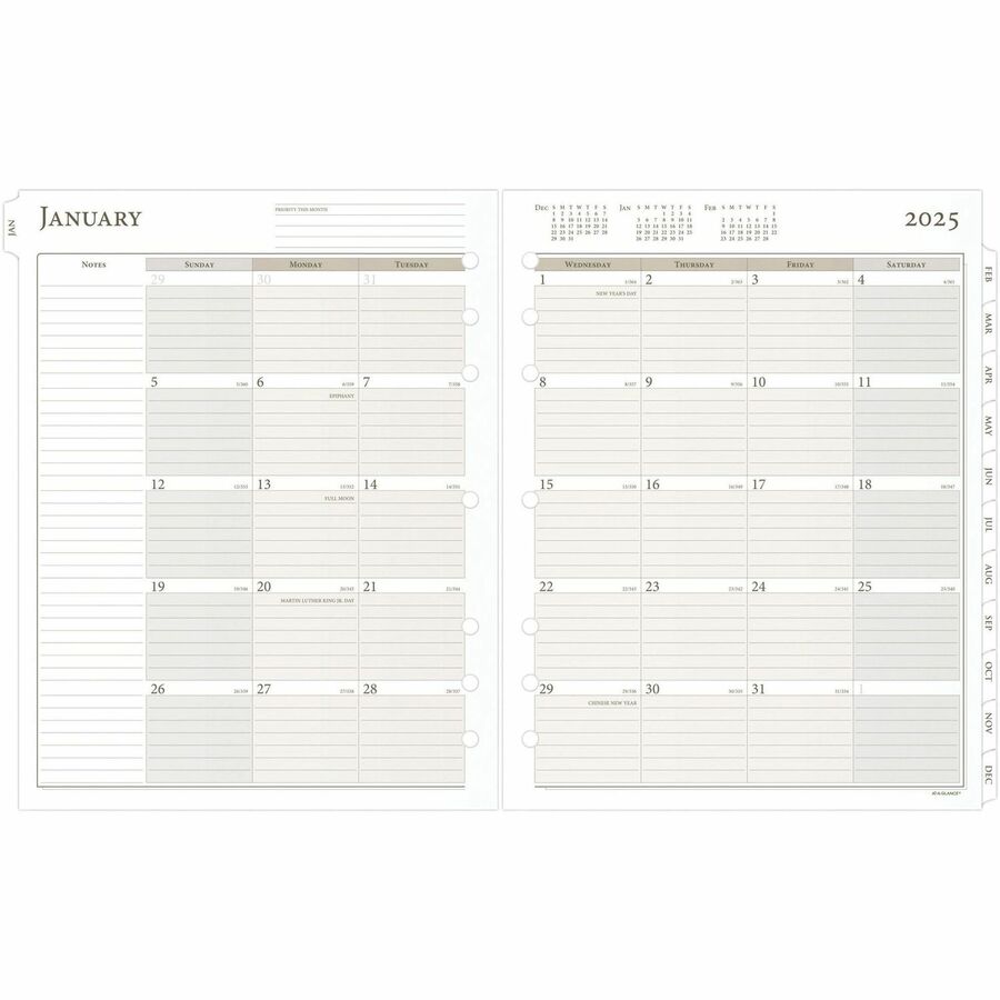 At-A-Glance 2024 Daily Planner Two Page Per Day Refill, Loose-Leaf, Folio Size, 8 1/2" x 11" - Julian Dates - Daily - 1 Year - January 2024 - December 2024 - Hourly - 1 Day Double Page Layout - 8 1/2" x 11" White Sheet - 7-ring - White - Paper - Tabb