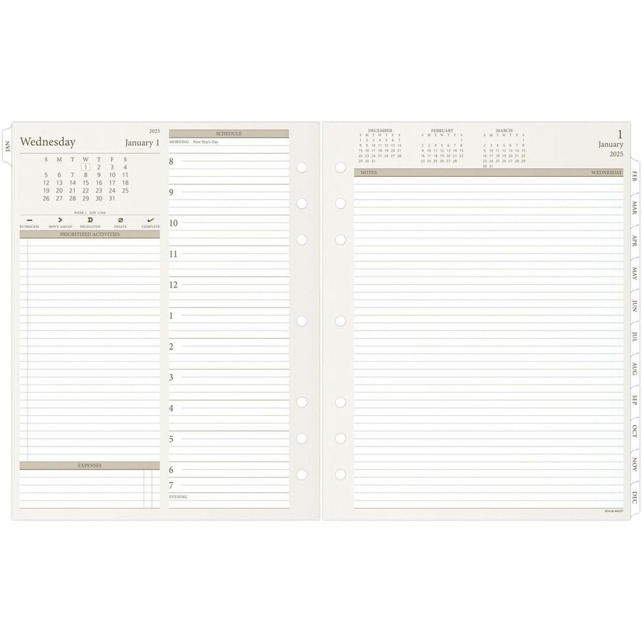 At-A-Glance 2024 Daily Planner Two Page Per Day Refill, Loose-Leaf, Folio Size, 8 1/2" x 11" - Julian Dates - Daily - 1 Year - January 2024 - December 2024 - Hourly - 1 Day Double Page Layout - 8 1/2" x 11" White Sheet - 7-ring - White - Paper - Tabb