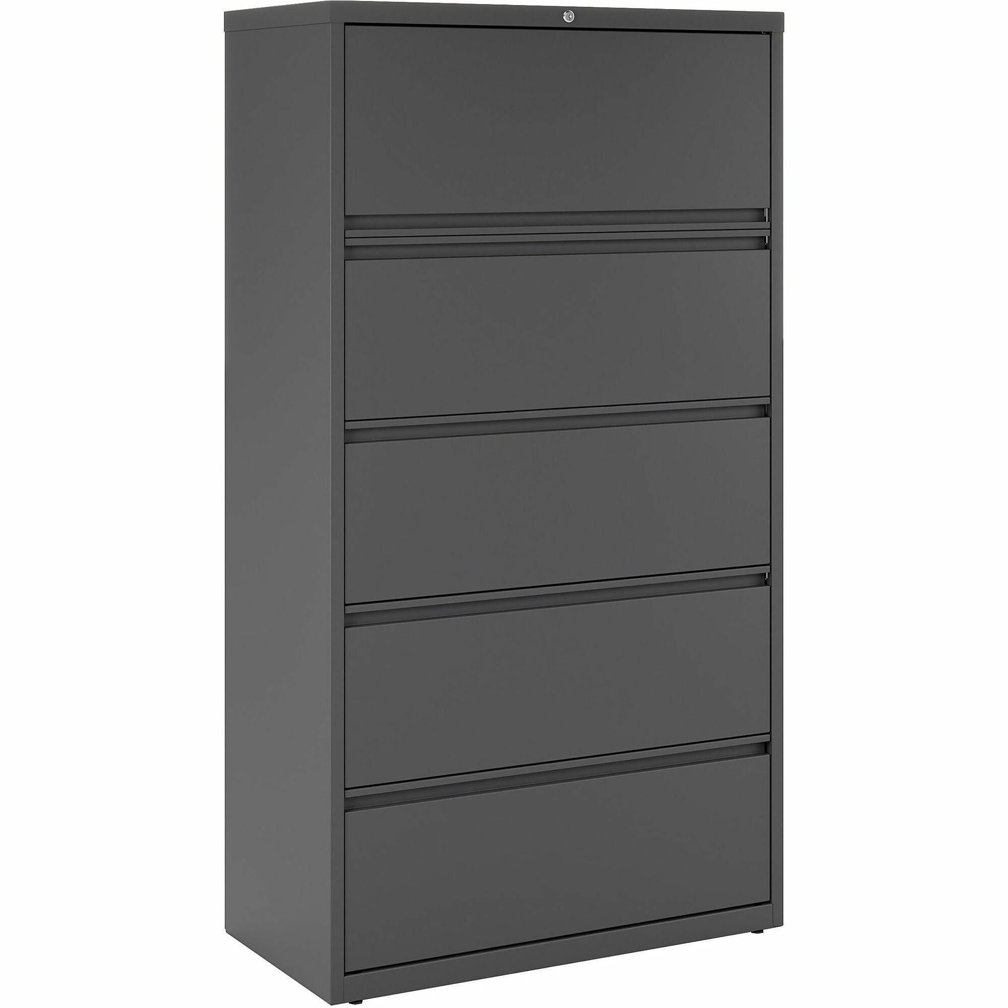 Lorell Fortress Series Lateral File w/Roll-out Posting Shelf - 36" x 18.6" x 67.7" - 5 x Drawer(s) - Legal, Letter, A4 - Lateral - Rust Proof, Leveling Glide, Interlocking - Charcoal - Baked Enamel - Steel - Recycled