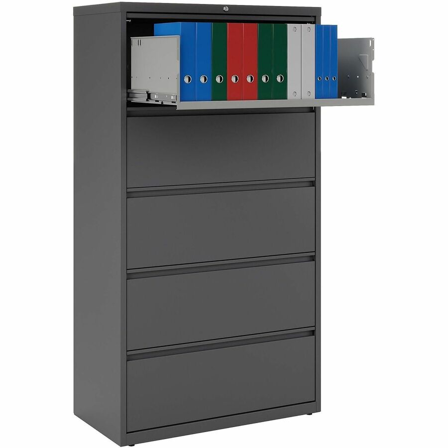 Lorell Fortress Series Lateral File w/Roll-out Posting Shelf - 36" x 18.6" x 67.7" - 5 x Drawer(s) - Legal, Letter, A4 - Lateral - Rust Proof, Leveling Glide, Interlocking - Charcoal - Baked Enamel - Steel - Recycled