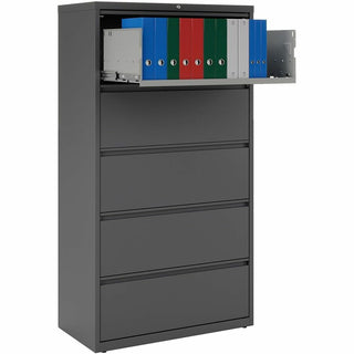 Lorell Fortress Series Lateral File w/Roll-out Posting Shelf - 36" x 18.6" x 67.7" - 5 x Drawer(s) - Legal, Letter, A4 - Lateral - Rust Proof, Leveling Glide, Interlocking - Charcoal - Baked Enamel - Steel - Recycled