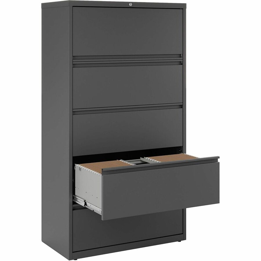 Lorell Fortress Series Lateral File w/Roll-out Posting Shelf - 36" x 18.6" x 67.7" - 5 x Drawer(s) - Legal, Letter, A4 - Lateral - Rust Proof, Leveling Glide, Interlocking - Charcoal - Baked Enamel - Steel - Recycled