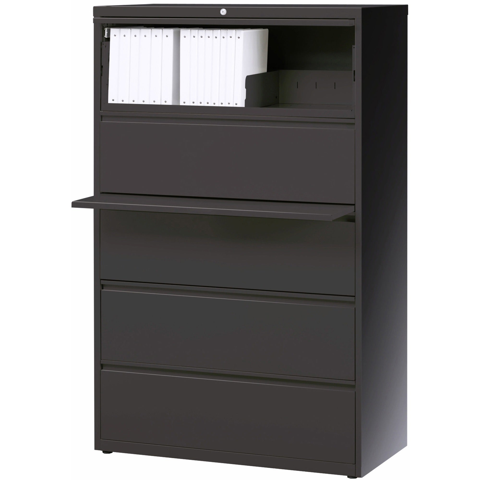 Lorell Fortress Series Lateral File w/Roll-out Posting Shelf - 36" x 18.6" x 67.7" - 5 x Drawer(s) - Legal, Letter, A4 - Lateral - Rust Proof, Leveling Glide, Interlocking - Charcoal - Baked Enamel - Steel - Recycled - 