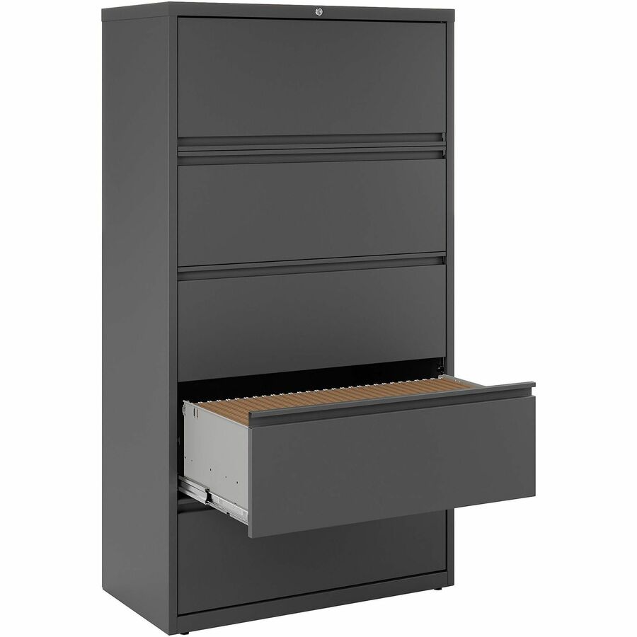 Lorell Fortress Series Lateral File w/Roll-out Posting Shelf - 36" x 18.6" x 67.7" - 5 x Drawer(s) - Legal, Letter, A4 - Lateral - Rust Proof, Leveling Glide, Interlocking - Charcoal - Baked Enamel - Steel - Recycled