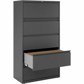 Lorell Fortress Series Lateral File w/Roll-out Posting Shelf - 36" x 18.6" x 67.7" - 5 x Drawer(s) - Legal, Letter, A4 - Lateral - Rust Proof, Leveling Glide, Interlocking - Charcoal - Baked Enamel - Steel - Recycled