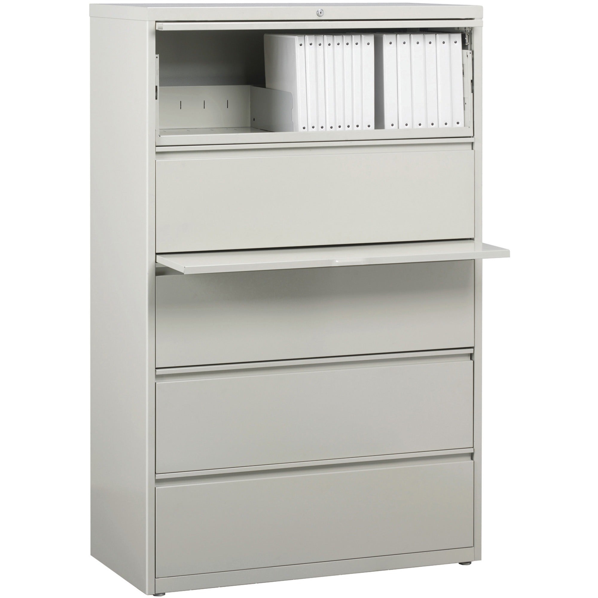 Lorell Fortress Series Lateral File w/Roll-out Posting Shelf - 36" x 18.6" x 67.7" - 5 x Drawer(s) for File - Legal, Letter, A4 - Lateral - Rust Proof, Leveling Glide, Interlocking, Ball-bearing Suspension, Label Holder - Light Gray - Baked Enamel - - 